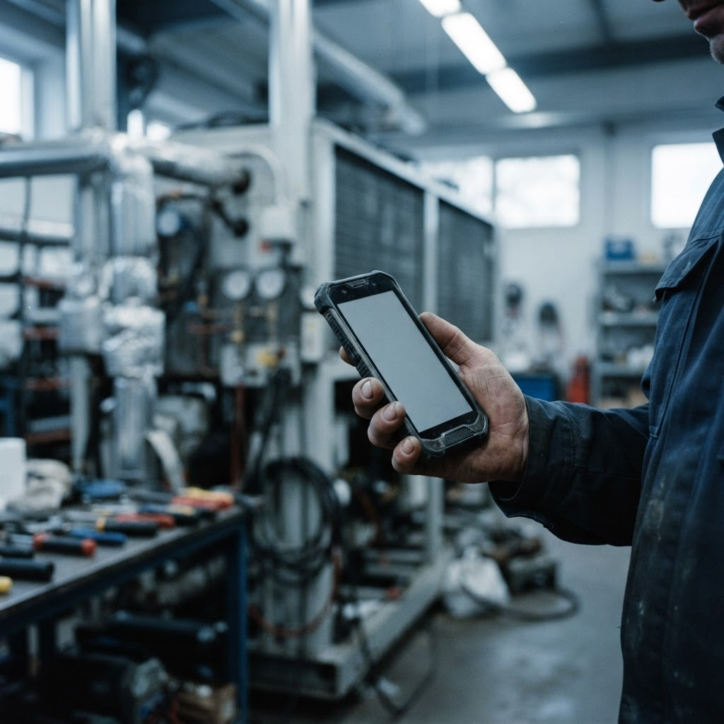 Tekniker som bruker EQIP Field på mobilen i verkstedet